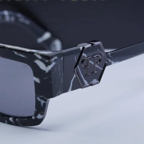 🕶️ New Philipp Plein SPP092M Z21G Sunglasses - Marbled Black Frame, Grey Lenses